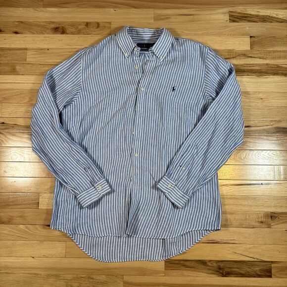 Ralph Lauren Men's XL Blue/White Stripes Ocean Wash Linen Long Sleeve Button Up - Picture 1 of 6